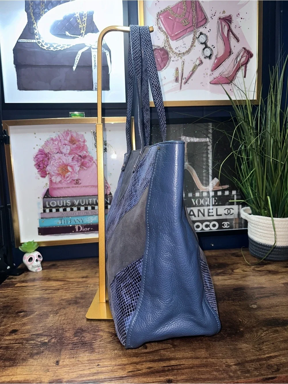 Tory Burch Chevron Color-Block Tote Blue Suede Pebbled Leather